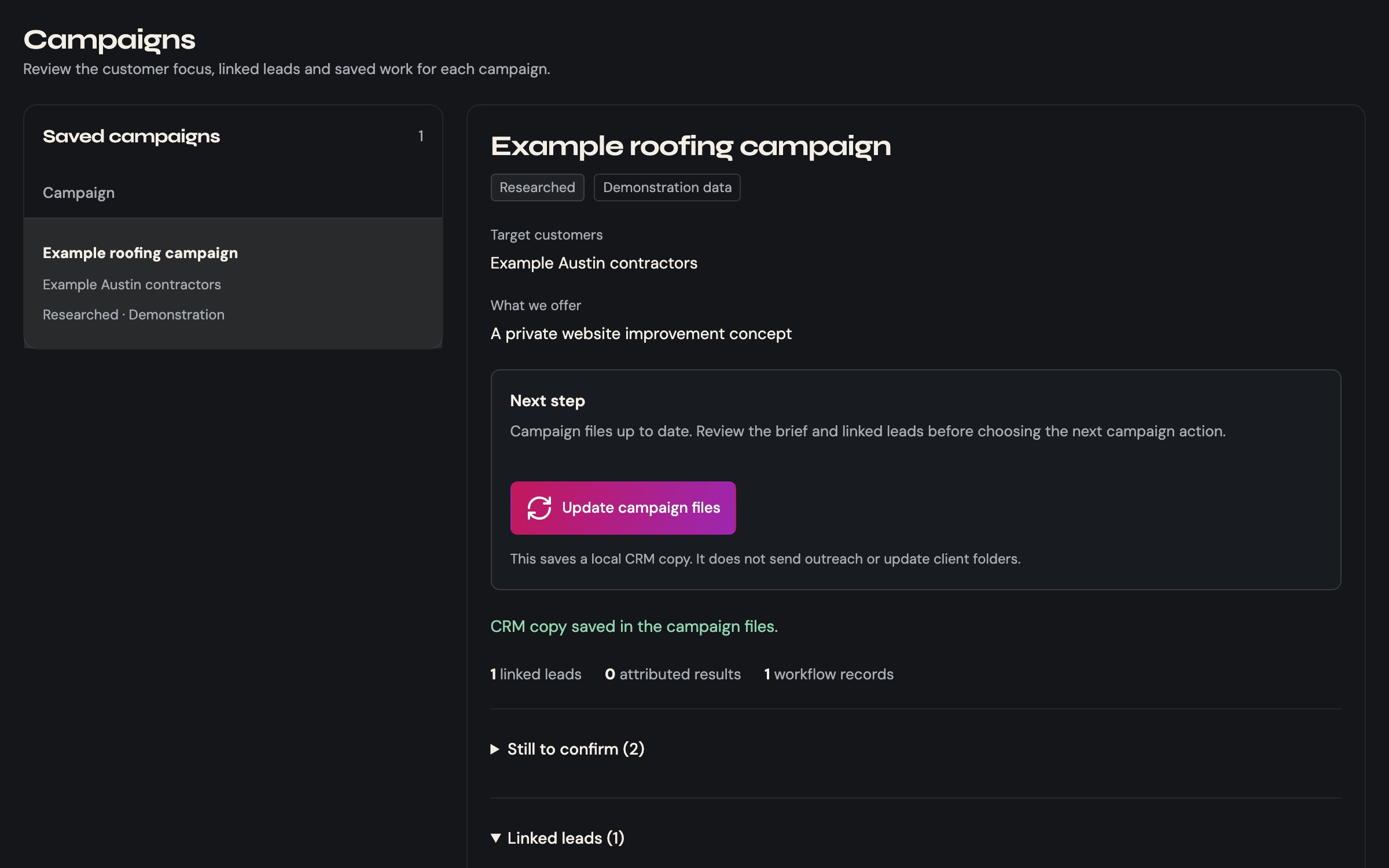 Dark CRM campaigns screen with a saved campaign list beside the detail for an example roofing campaign: target customers, the offer, a next step card with an Update campaign files button, and counts of linked leads and attributed results.