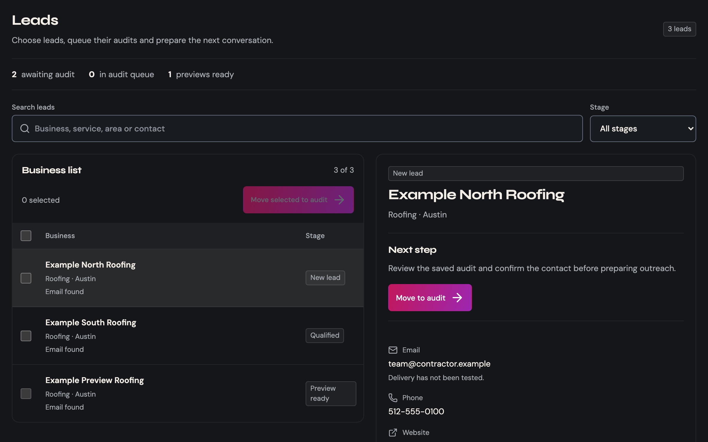 Dark CRM leads screen with stage counts, a search field, a business list of three example roofing companies at different stages, and a detail panel for Example North Roofing showing its next step, a Move to audit button and contact details.